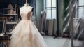 Beautiful lush wedding dress on a mannequin in a designer's studio with flowers, gentle powdery pink colors Royalty Free Stock Photo