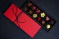 Beautiful luxory box of chocolates as a gift. Hand made chocolates. Royalty Free Stock Photo