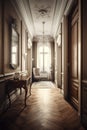 Beautiful luxurious classic interior with wooden floor and large windows. Generative Ai