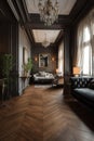 Beautiful luxurious classic interior with wooden floor and large windows. Generative Ai