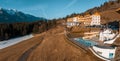 Beautiful luxury Alpine hotel on top of the mountain during spring time.