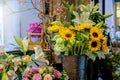 beautiful luxury bouquet. Mixed flowers on pink table. the work