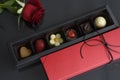 Luxury box of handmade chocolates with rose. Gift concep. Royalty Free Stock Photo