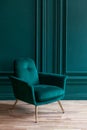 Beautiful Luxury Classic Blue Green Clean Interior Room In Classic Style With Green Soft Armchair. Vintage Antique Blue-green