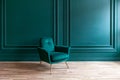 Beautiful luxury classic blue green clean interior room in classic style with green soft armchair. Vintage antique blue