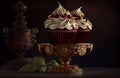 Beautiful Luxury Dark Chocolate Cup Cake with Golden Flowers Decorations on Moody backdrop Background AI Generative Royalty Free Stock Photo