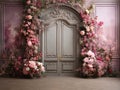 luxury elegant background door beautiful pink flowers , big windows , room for copyempty