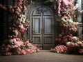 luxury elegant Garden background door beautiful pink flowers , big windows , room for copyempty