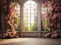 luxury elegant Garden background prop beautiful pink flowers , big windows , room for copyempty