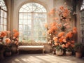 luxury elegant Garden background prop with sofa , empty , beautiful orange flowers , big windows , room for copy Royalty Free Stock Photo