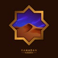 Beautiful luxury golden frame star windows with illustration of arabian middle east desert scene for ramadan