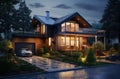 Beautiful Luxury Home Exterior in Evening with Glowing Interior Lights. Royalty Free Stock Photo