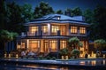 Beautiful Luxury Home Exterior in Evening with Glowing Interior Lights. Royalty Free Stock Photo