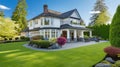 Beautiful Luxury Home Exterior with Green Grass and Landscaped yard. craftsman style. generative ai Royalty Free Stock Photo