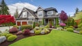 Beautiful Luxury Home Exterior with Green Grass and Landscaped yard. craftsman style. generative ai Royalty Free Stock Photo