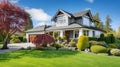 Beautiful Luxury Home Exterior with Green Grass and Landscaped yard. craftsman style. generative ai Royalty Free Stock Photo