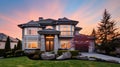 Beautiful luxury home exterior at sunset. Home Exterior at Twilight with Sunset Sky. generative ai