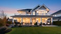 Beautiful luxury home exterior at twilight. Beautiful New House with Green Grass. generative ai Royalty Free Stock Photo