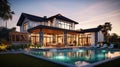 Beautiful Luxury Home with Swimming Pool at Sunset. Generative Ai Royalty Free Stock Photo