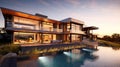 Beautiful Luxury Home with Swimming Pool at Sunset. Generative Ai Royalty Free Stock Photo