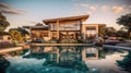 Beautiful Luxury Home with Swimming Pool at Sunset. Generative Ai Royalty Free Stock Photo