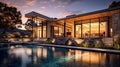 Beautiful Luxury Home with Swimming Pool at Sunset. Generative Ai Royalty Free Stock Photo