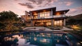 Beautiful Luxury Home with Swimming Pool at Sunset. Generative Ai Royalty Free Stock Photo