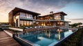 Beautiful Luxury Home with Swimming Pool at Sunset. Generative Ai Royalty Free Stock Photo