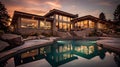 Beautiful Luxury Home with Swimming Pool at Sunset. Generative Ai Royalty Free Stock Photo