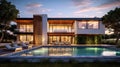 Beautiful Luxury Home with Swimming Pool at Sunset. Generative Ai Royalty Free Stock Photo