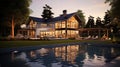 Beautiful Luxury Home with Swimming Pool at Sunset. Generative Ai Royalty Free Stock Photo