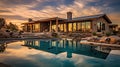 Beautiful Luxury Home with Swimming Pool at Sunset. Generative Ai Royalty Free Stock Photo