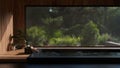 Beautiful and luxury Onsen room in Japanese style with bath against the window with nature view Royalty Free Stock Photo