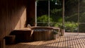 Beautiful and luxury Onsen spa room in Japanese style with wood bath against the glass wall Royalty Free Stock Photo