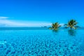 Beautiful luxury outdoor swimming pool in hotel resort with sea ocean around coconut palm tree and white cloud on blue sky Royalty Free Stock Photo