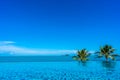 Beautiful luxury outdoor swimming pool in hotel resort with sea ocean around coconut palm tree and white cloud on blue sky Royalty Free Stock Photo