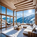 A beautiful luxury penthouse suite in an exclusive vacation hotel in the Incredible alpine panoramic views of the snowy mountains Royalty Free Stock Photo