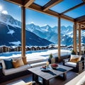 A beautiful luxury penthouse suite in an exclusive vacation hotel in the Incredible alpine panoramic views of the snowy mountains Royalty Free Stock Photo