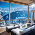 A beautiful luxury penthouse suite in an exclusive vacation hotel in the Incredible alpine panoramic views of the snowy mountains Royalty Free Stock Photo