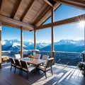 A beautiful luxury penthouse suite in an exclusive vacation hotel in the Incredible alpine panoramic views of the snowy mountains Royalty Free Stock Photo