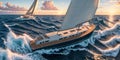 Beautiful luxury sail yachts in the open sea in warm light of sunset. Golden hour. AI generative