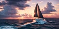 Beautiful luxury sail yachts in the open sea in warm light of sunset. Golden hour. AI generative