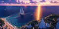 Beautiful luxury sail yachts in the open sea in warm light of sunset. Golden hour. AI generative