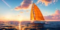 Beautiful luxury sail yachts in the open sea in warm light of sunset. Golden hour. AI generative