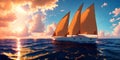 Beautiful luxury sail yachts in the open sea in warm light of sunset. Golden hour. AI generative