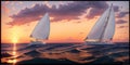 Beautiful luxury sail yachts in the open sea in warm light of sunset. Golden hour. AI generative