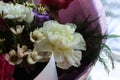 Beautiful luxury spring bouquet of flowers. The work of the florist. Romantic concept. Close up. Spring banner.