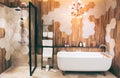 Beautiful luxury vintage empty bathtub near big window in bathroom interio, free space.