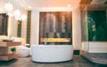 Beautiful luxury vintage empty bathtub near big window in bathroom interio, free space. Royalty Free Stock Photo