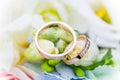 Beautiful luxury wedding rings with bouquet of flowers. Declaration of love. Royalty Free Stock Photo